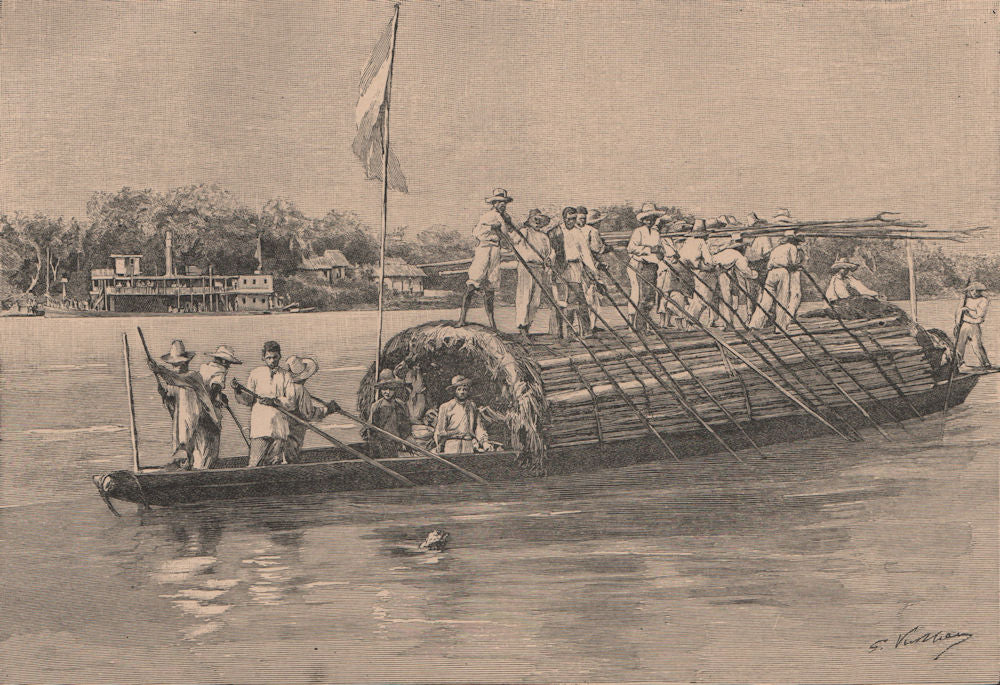 Bongo on the Rio Magdalena. Colombia 1885 old antique vintage print picture
